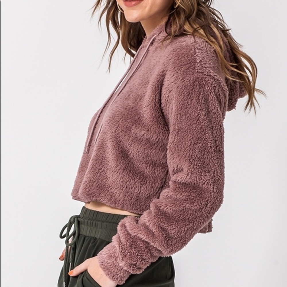 ♦️Long Sleeve Hooded Plush Cropped Top - Picture 5 of 6
